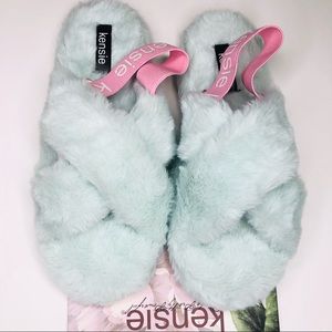 KENSIE Memory Foam Slippers Faux Fur Mint Green /Turquoise, Pink Straps Size M 8